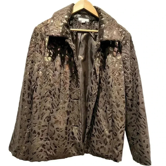 Erin Evening Women’s Brown Metallic Warm Cozy Animal Print Jacket 1X - Picture 3 of 8